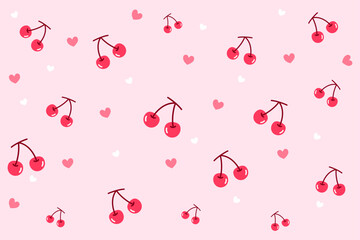Sweet cherry seamless pattern with tiny heart details on a pink background. Perfect for romantic packaging, kids' fabrics, or fruity summer designs.