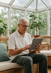 Senior Man Relaxing with Technology in Sunroom, Using Tablet in a Wicker Chair in a Bright Sunroom with Lush Greenery