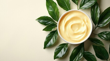 Natural Skincare Product in White Bowl Surrounded by Green Leaves on Neutral Background for Aesthetic Photography