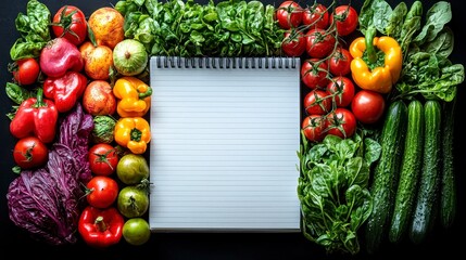 Fresh Produce and Notebook Layout for Healthy Habit Planning in Realistic Photography