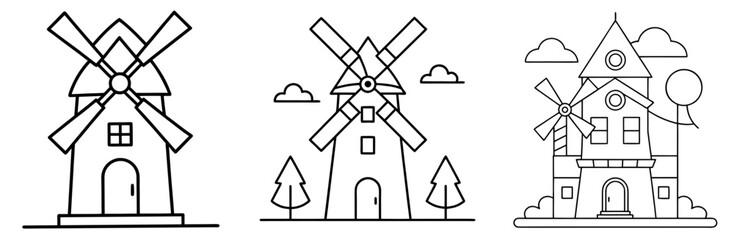 Windmill House Outline - Coloring Book Page Line Art Vector
