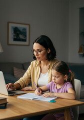 Young woman working from home while her daughter does her homework, a scene of modern parenting, Mother and daughter at the table, working and studying at home