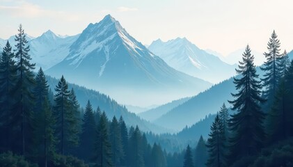 Fototapeta premium Abstract peaks, ethereal spruce forest, misty mountains , forest, calm