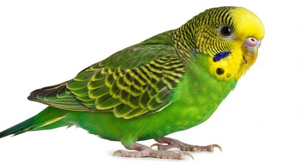 Fototapeta premium 鮮やか緑色 小さなインコ 穏やか表情 白い背景 スタジオ撮影. AI Generated