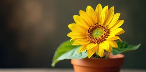 Obraz premium Close-up of single bright yellow sunflower face in a terracotta pot, botanical, sunflower, detail