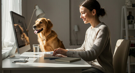 Golden Retriever Helps Woman Work from Home, Calm Workplace with Woman and Dog, and Natural Light