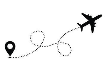 Airplane Flight Path Vector Icon with Dotted Route and Destination Pin