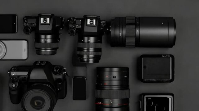 Overhead arrangement of various black photographic equipment, including cameras, lenses, and cellphones, creating a flat lay composition.