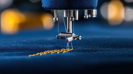 Sewing machine needle stitching golden thread on blue fabric, showcasing precision and craftsmanship in textile work