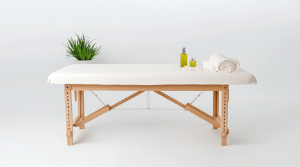 Serene massage table with clean white surface, accompanied by essential oils and towel, set against light background