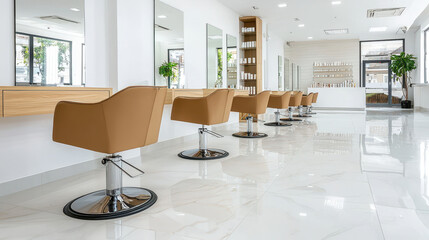 Modern and stylish salon interior featuring sleek chairs, mirrors, and bright, spacious layout that creates welcoming atmosphere