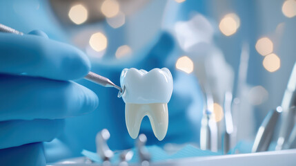 Dental professional holds model of tooth, showcasing its structure and details clinical setting. image conveys sense of care and precision dental