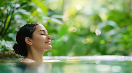 Serene woman enjoying tranquil spa experience in lush green environment, surrounded by nature beauty
