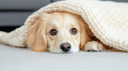 A dog is hiding under a blanket
