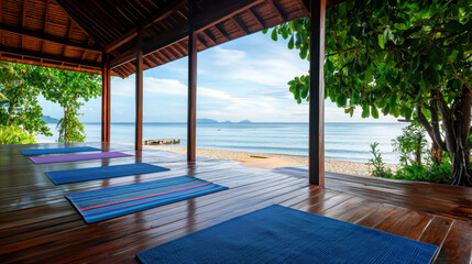 Serene yoga retreat overlooking tranquil beach, featuring yoga mats on wooden deck surrounded by lush greenery and calm waters