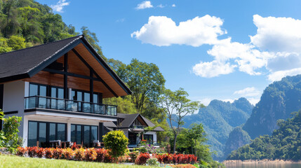Beautiful two story villa surrounded by lush greenery and mountains, offering serene view of nature and peaceful atmosphere