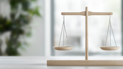 Wooden balance scale symbolizes justice and fairness, set against blurred background. This evokes sense of equilibrium and integrity
