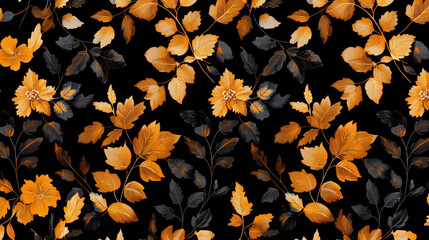 Vibrant floral pattern featuring orange and black leaves on dark background, creating striking visual contrast and sense of elegance