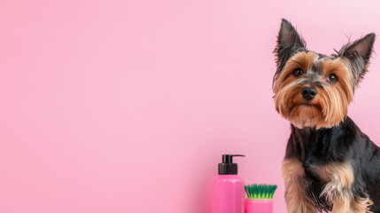 Cute dog stands against pink background, showcasing playful expression. scene includes grooming products, adding vibrant touch