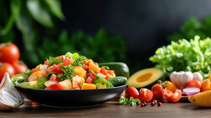 Fresh vibrant salad with colorful vegetables and herbs, showcasing healthy and appetizing meal