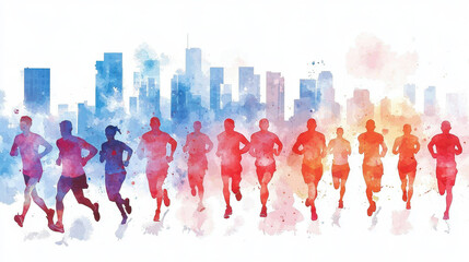 Vibrant watercolor illustration of runners in motion against city skyline backdrop, capturing energy and spirit of marathon