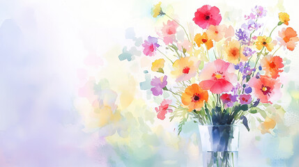 Vibrant watercolor painting of bouquet filled with colorful flowers in glass vase, radiating joy and beauty