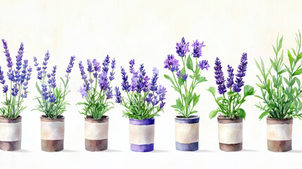 Colorful lavender plants in pots create serene and calming atmosphere, showcasing various shades of purple and green in beautiful arrangement