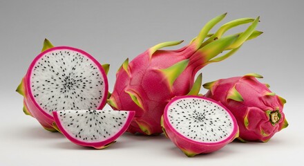 A group of dragon fruits with one sliced open and a wedge cut out on a white background surface