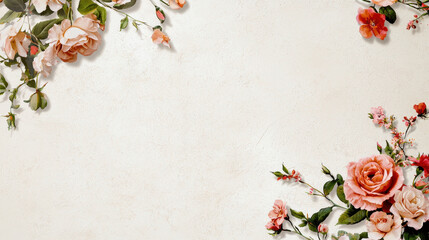 Beautiful vintage style floral arrangement featuring soft pink and peach roses, delicate blossoms, and green leaves on textured cream background
