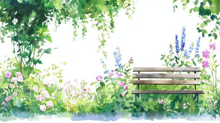 Serene watercolor sketch of garden scene featuring wooden bench surrounded by vibrant flowers and lush greenery, evoking tranquility and peace