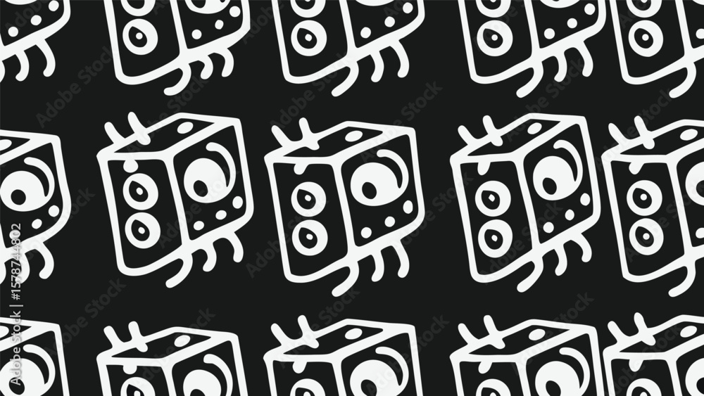 Poster repeating pattern of white speaker cube figures on a black background in a seamless design style