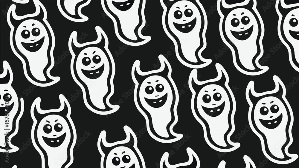 Poster seamless pattern of cartoonish white ghosts and devils on a black background creating a spooky desig
