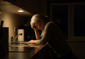 Woman Leaning at Kitchen Sink Feeling Overwhelmed, Woman Experiencing Sadness and Depression in a Dark Kitchen