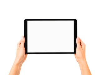 Hands holding digital tablet with blank screen
