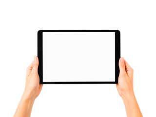 Hands holding digital tablet with blank screen
