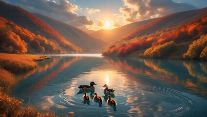 Ducks and ducklings swimming on lake during colorful autumn sunset