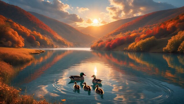 Ducks and ducklings swimming on lake during colorful autumn sunset