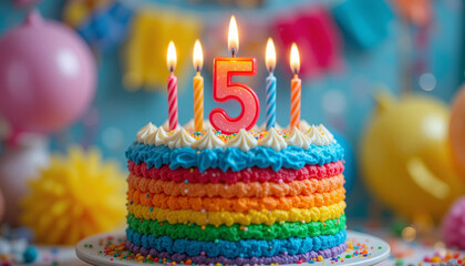 Fun birthday cake decorated with rainbow layers, bright number 5 candle burning on top, vibrant party decorations in background