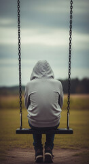 Hooded figure in muted tones, alone on a swing contemplating life, The quiet solitude of a person lost in thought, isolated and introspective