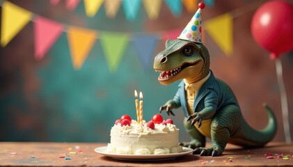 A smartly-dressed dinosaur at a birthday party with cake , dinosaur, happy