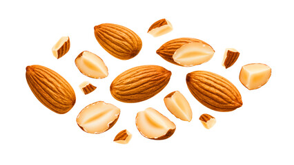 Whole and chopped almonds isolated on white