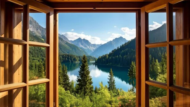 Rustic wooden window open to a picturesque mountain lake landscape with forested hillsides and reflections on the water under a sunny blue sky