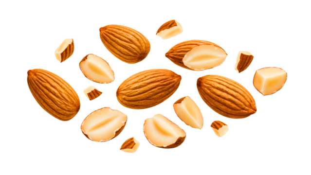 Whole and chopped almonds isolated on white
