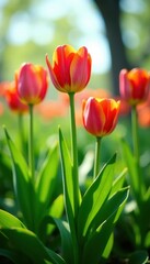 Fototapeta premium Bright tulip blooms stand tall amidst lush green grass, landscape, sunny