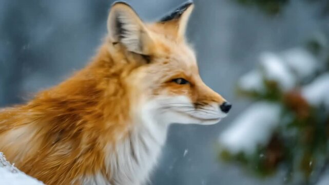 Close-up portrait of a red fox in a winter forest surrounded by snow and ice, showcasing its vivid fur and alert expression.

