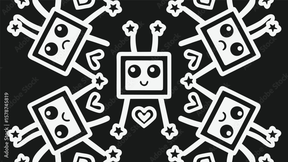 Poster a symmetrical pattern of cartoon robots with hearts and stars on a black background design vector