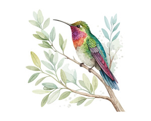 watercolor Hummingbird Sage Branch vector illustration isolated on white background