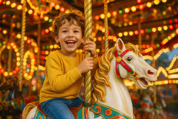 Happy child enjoying carousel ride at amusement park with bright lights