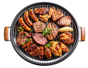 Top View of Mixed Grilled Meats on Round BBQ Grill, isolated on transparent background PNG