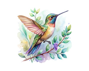 watercolor Hummingbird Sage Branch vector illustration isolated on white background